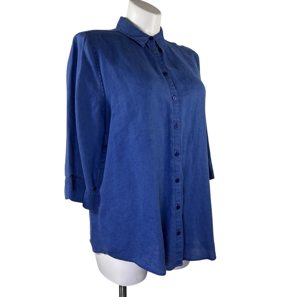 Chico's 100% Linen No Iron 3/4 Sleeve Button Up Blouse Top Blue Women's 3 US XL